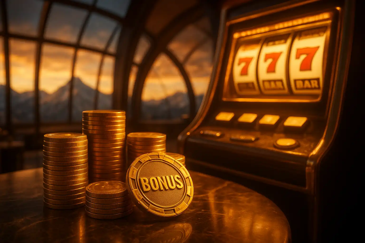 Golden bonus chips and coins stacked beside a mountain summit dome slot cabinet