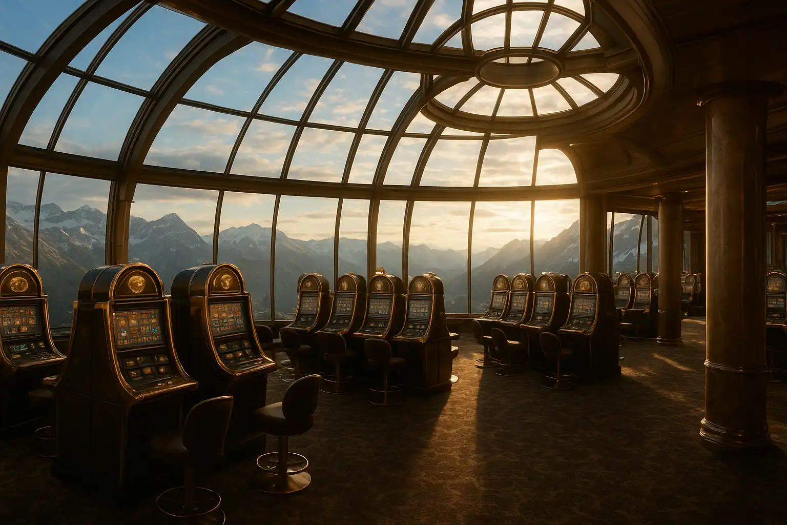 Luxury casino floor inside a glass mountain summit dome with panoramic alpine views