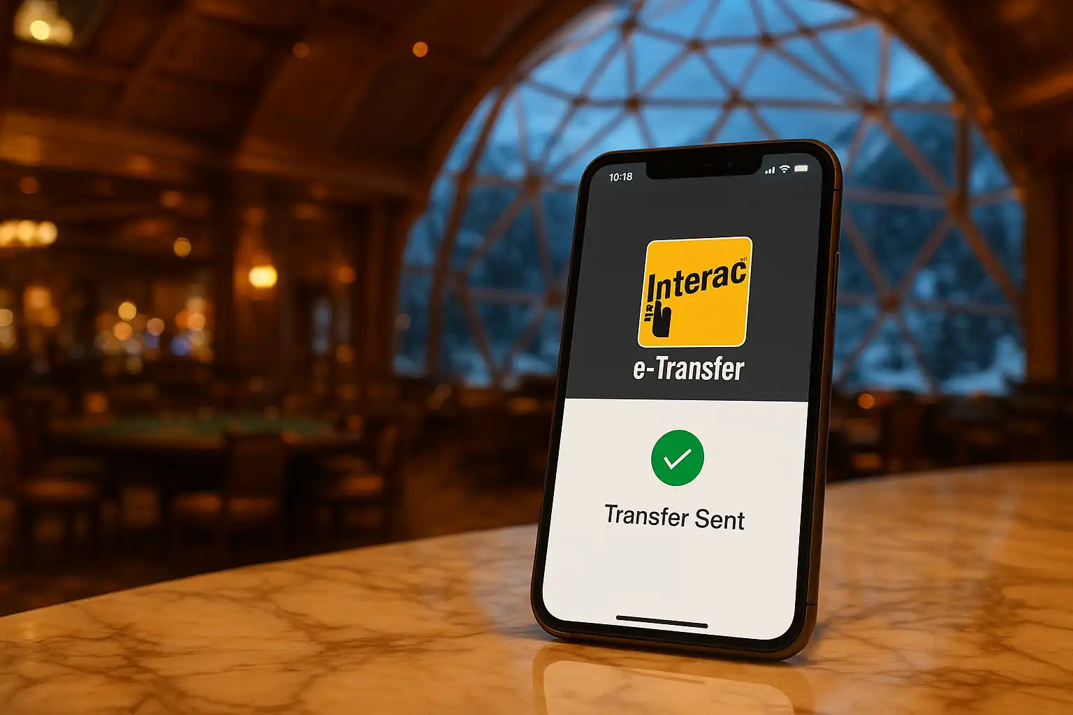 Smartphone showing an Interac e-Transfer confirmation beside a BetArenas casino card