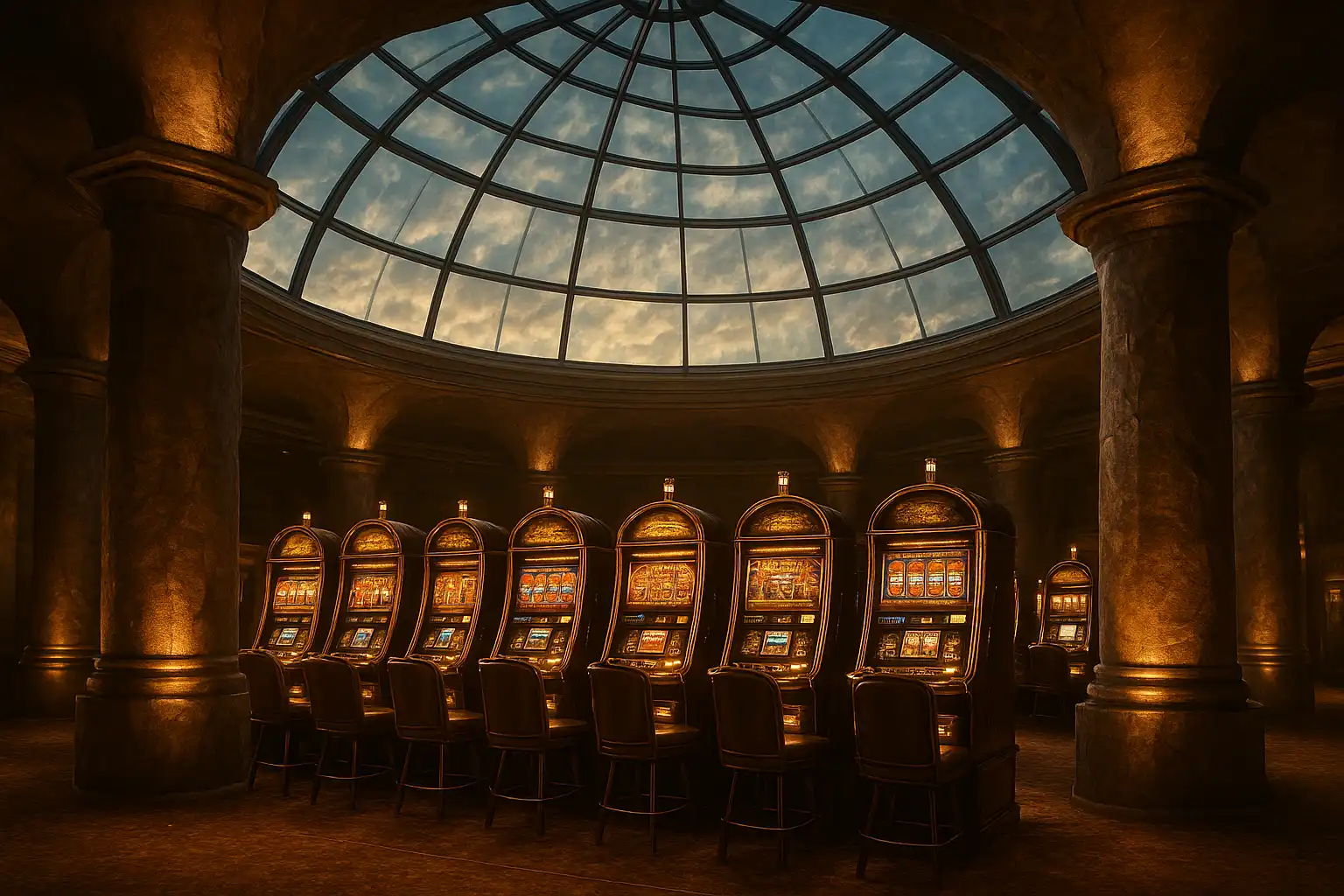 Row of elegant slot machines lit by a dramatic skylight inside the summit dome casino